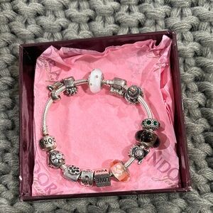 Pandora Silver Bracelet with Pink and Green Charms